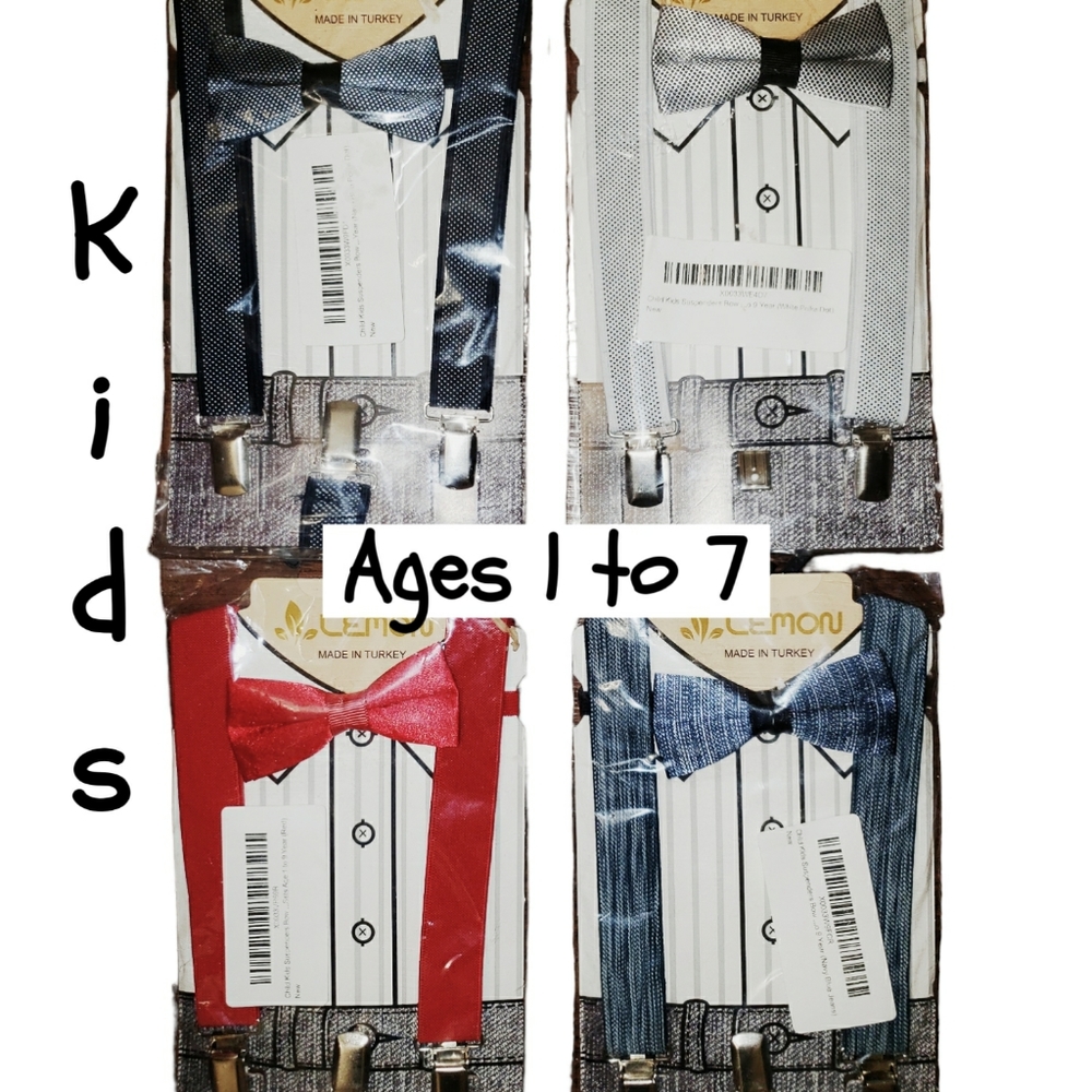 Set of 4 Suspenders Bow Tie Set Adjustable Kids Toddler, Ages 1 to 7 Stong Clips